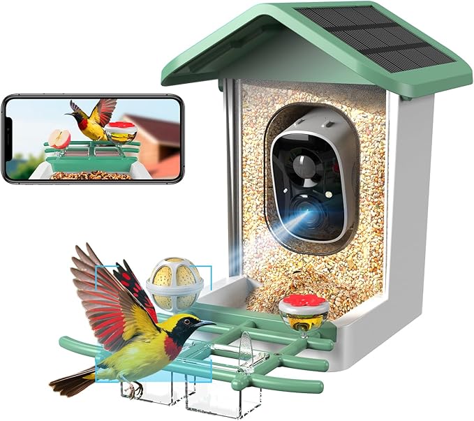 Bird Feeder with Camera, 2K Smart BirdCamera with Solar Powered, AI Identify Birds Species, Instant Arrival Alerts, 2.4Ghz WiFi Bird House for Outdoors, Ideal Gift for Family and Bird Lovers (Green)
