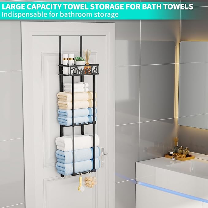HapiRm Towel Rack Bathroom Storage - 3 Tier Over The Door & Wall Mounted Rolled Towel Racks Holder Organizer with Metal Shelf and 6 Hooks for Small Bathroom, Camper, Rv - Black (for 1.77 in Doors)