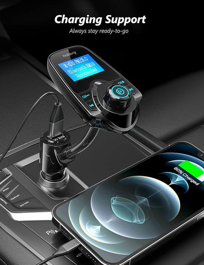 Nulaxy Car Bluetooth FM Transmitter [2024 Upgraded], 1.44" Display Flexible Gooseneck, Handsfree Call Wireless Music Stereo Audio Player Radio Adapter Car Kit USB Phone Charger, TF SD Card AUX-KM18