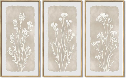 KUVIOKE Vintage Botanical Framed Wall Art White Floral Decor Print Modern Rustic Farmhouse Home Office Kitchen Hallway 8x16in3pcs Natural Framed