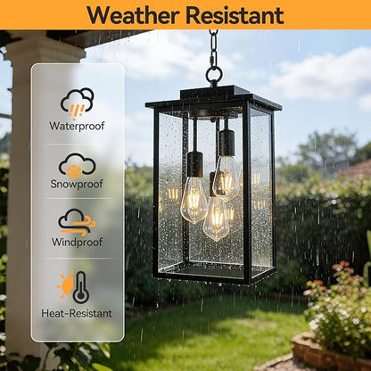 Outdoor Pendant Light Fixture E26 3-Light Modern Black Metal Outside Chandelier Exterior Hanging Fixture Ceiling Mount with Clear Glass for Porch Front Door Entrance Entryway, 1 Pack