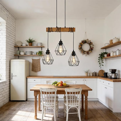 3-Lights Farmhouse Dining Room Pendant Light Fixtures Over Table, Rustic Solid Wood Kitchen Island Lighting Hanging with Metal Shades, Modern Black Ceiling Lamp for Living Room Hallway