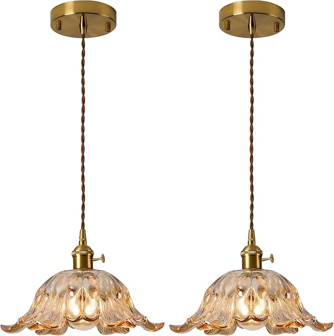 2 Pcs/Package Amber Glass Pendant Light Fixtures,Vintage/Antique Champagne Gold Pendant Lights Kitchen Island over Sink/Table,Orange Pendant Glass Chandelier for Bedroom Hotel Dining Room Hanging Down
