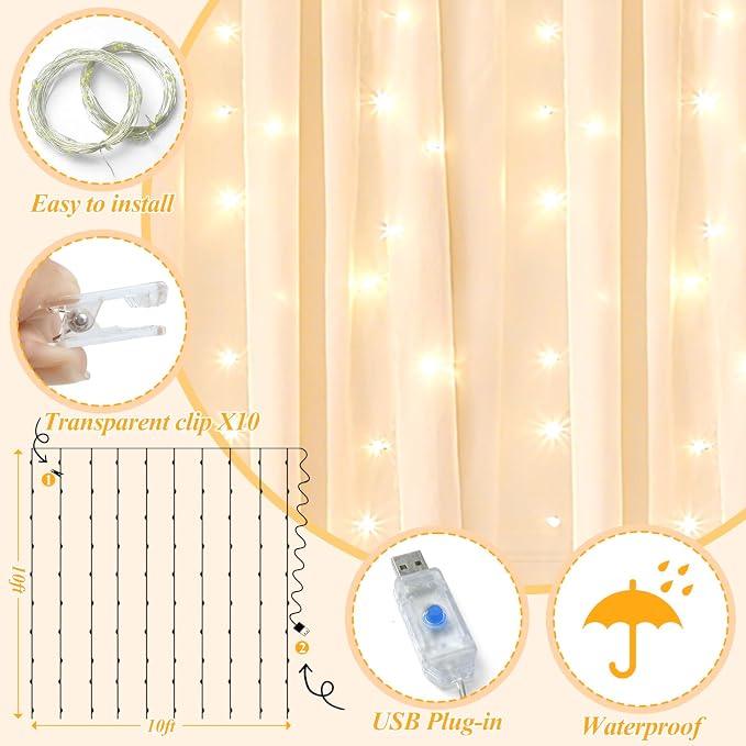 Ledido 2 Pack 10×10ft Champagne Tulle Backdrop Curtain with Light String - 600LED Fairy Light Sheer Curtain Backdrop for Wedding Baby Shower Photo Shoot Birthday Party Decor(4 Panels 5×10ft)，Champagne