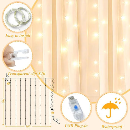 Ledido 2 Pack 10×10ft Champagne Tulle Backdrop Curtain with Light String - 600LED Fairy Light Sheer Curtain Backdrop for Wedding Baby Shower Photo Shoot Birthday Party Decor(4 Panels 5×10ft)，Champagne