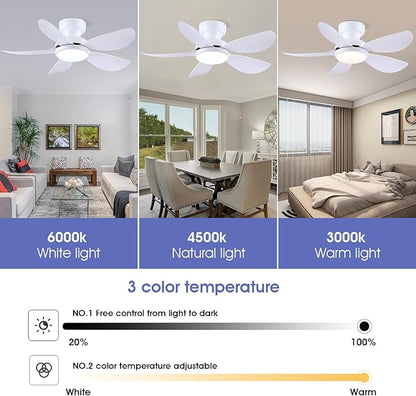 36 Inch Modern Ceiling Fans with Lights, Small Flush Mount Ceiling Fans, Remote/APP Control, 5 Reversible Curved Blades, 6 Speeds, 3 CCT Dimmable Lights for Kitchen Bedroom, White