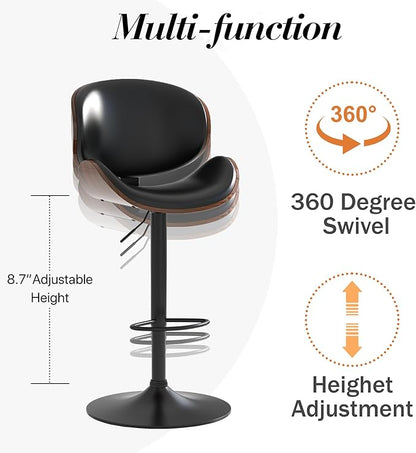 Adjustable Swivel Bar Stools Set of 3, Modern Bentwood Barstool with Large Metal Base and Footrest, PU Leather Upholstered Bar Chair with Curved Back for Kitchen Island Dining Room, Black