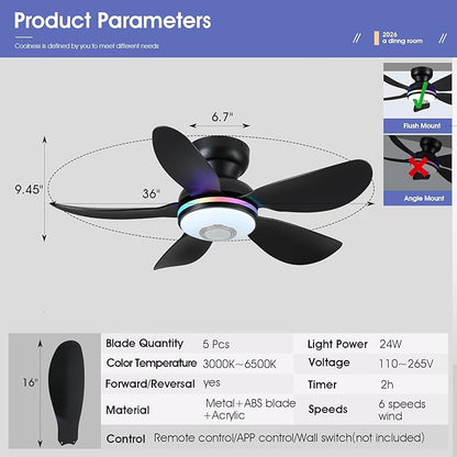 36" Ceiling Fans with RGB Lights Remote/APP Control, Small Ceiling Fan, 3 CCT Dimmable White Lights+RGB Ring Lights+Music Player, 5 Reversible Plastic Blades 6 Speeds for Kidsroom, Black