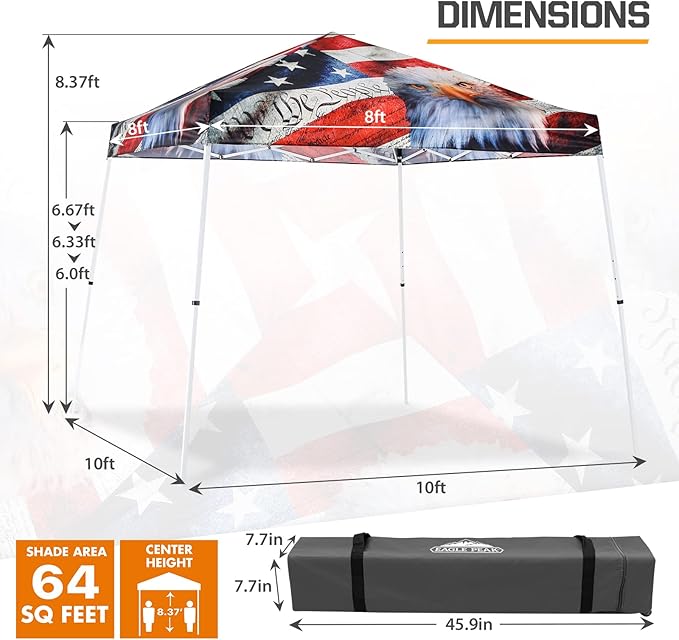 EAGLE PEAK 10x10 Slant Leg Pop-up Canopy Tent Easy One Person Setup Instant Outdoor Beach Canopy Folding Portable Sports Shelter 10x10 Base 8x8 Top (American Icon)