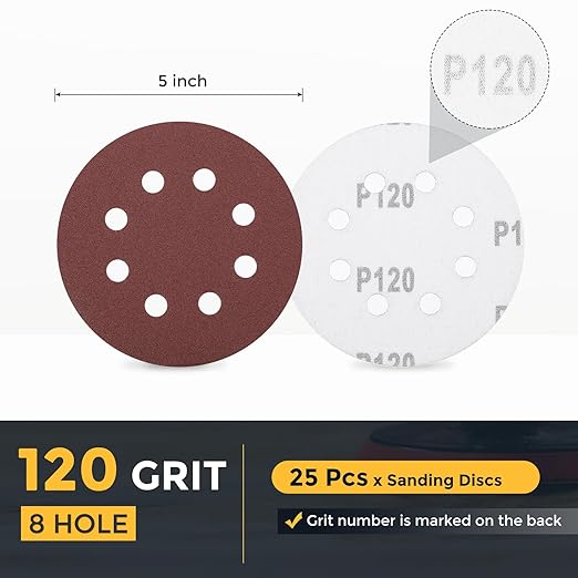 HARFINGTON 25 Pcs 5 Inch Sanding Discs, 120 Grit Hook and Loop Sandpaper, 8-Hole Aluminum Oxide Orbital Sander Sandpaper for Woodworking Automotive Metal Polishing, Red