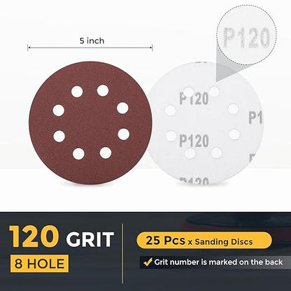 HARFINGTON 25 Pcs 5 Inch Sanding Discs, 120 Grit Hook and Loop Sandpaper, 8-Hole Aluminum Oxide Orbital Sander Sandpaper for Woodworking Automotive Metal Polishing, Red