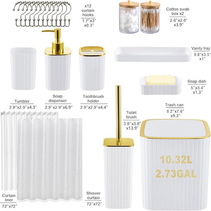 Bathroom Accessories Set-23Pcs Set, Complete Bathroom Essentials, Bathroom Set with Shower Curtain and Liner Sets, Trash Can, Soap Dispenser,Modern Bathroom (White, Bath Set+Shower Curtain&Liner Set)