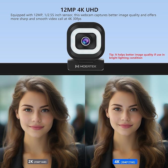 4K Webcam with 5-Level LED Light, 12MP Camera, USB Webcam with Dual Noise-canceling Microphones, PDAF Fast Auto Focus, Remote Control, 360° Rotation, Perfect for Live streaming, Online Meeting