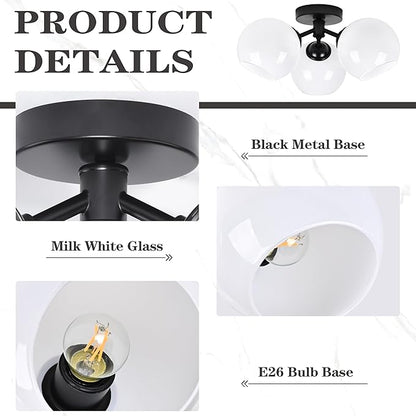 KoKo&Yukina 3-Light Mid Century Modern Black Semi Flush Mount Ceiling Light Globe Sputnik Chandelier Fixture Milk Glass Globe Ceiling Lights for Bedroom Living Room Hallway Entryway Foyer