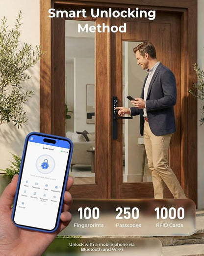 Electronic Smart Door Lock Fingerprint Door Lock with Keypad，Smart Lock for Front Door Children Proof IC Card, App Control & Mechanical Key