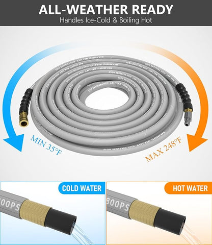 3/8" Pressure Washer Hose 200FT 4800 PSI, Kink Resistant Steel Braided Layer & NonMarking Rubber for Hot/Cold Water, High Power Washer Hose With 3/8 Inch Quick Connect & M22 Fitting, Gray
