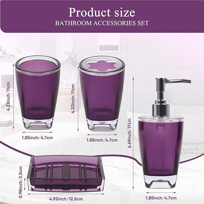 4-Piece Classic Purple Acrylic Bathroom Accessories Set — Soap Dispenser, Toothbrush Holder, Soap Dish & Mouthwash Cup, Vanity Countertop Organizer for Purple Boho Bathroom Decor