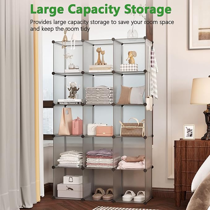 C&AHOME 16-Cube Storage Organizer, Plastic Shelves Units, DIY Closet Organizer, Modular Shelves Ideal for Home, Bedroom, 48.4" L 12.4" W 48.4" H Grey UPCS16G