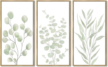 KUVIOKE Light Green Botanical Leaf Framed Wall Art Green Sage Eucalyptus Plant Illustrations Modern Artwork for Living Room Bedroom 8x16in3pcs Natural Framed