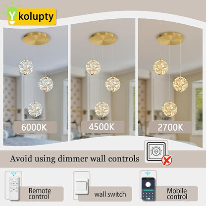ykolupty Pendant Lights Kitchen Island 3-Light Gold Crystal Island Lights Dining Foyer Entrance Modern Chandeliers LED Dimmable 2700-6000K