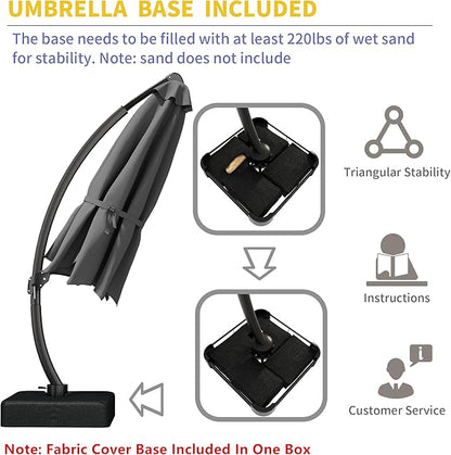 Kingdura 12ft Offset Cantilever Patio Umbrella with Base Included, Large Round Aluminum Outdoor Umbrella, 360° Rotation & Infinite Tilt, Heavy Duty Frame for Deck Pool Backyard, Grey