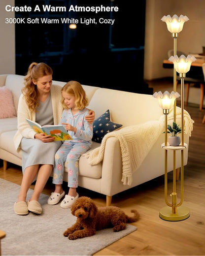 Lightdot Flower Floor Lamp for Living Room, Dimmable Vintage Floor Lamp with Shelf &Bulbs Included, 3 Light 3000K Gold Mid Century Standing Lamp, Floral Tall Lamp for Bedroom/Sofa Beside/Corner Decor