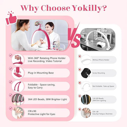 Yokilly Half Moon Light for Nail Desk: 29" Foldable Half Moon Desk Lamp with Phone Holder for Beginner - Arch Nail Tech Light with 3 Color Modes & 10 Brightness for Manicure Salon (Rose Red, Large)