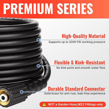 YAMATIC Pressure Washer Hose 50FT 1/4" ID, Standard (2) M22 Brass Fittings, 3200 PSI Kink-Resistant Replacement for Ryobi, Troy Bilt, Greenworks, CRAFTSMAN M22 Threads Power Washers