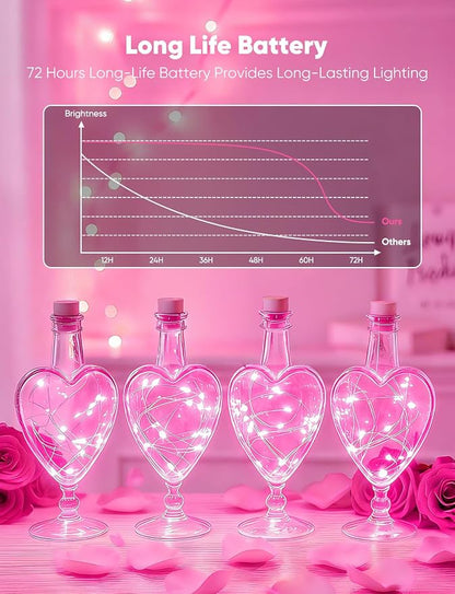 Brightown Valentine's Day 12 Pack Pink Led Fairy Lights Battery Operated String Lights Waterproof Silver Wire 7 Feet 20 Led Firefly Starry Moon Lights for DIY Wedding Party Bedroom