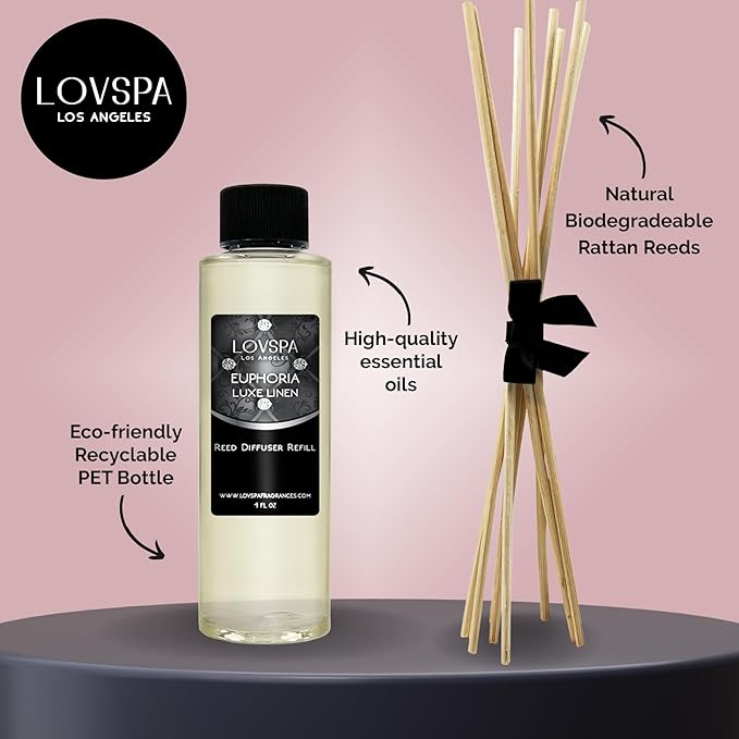 LOVSPA Euphoria Luxe Linen Diffuser Oil - Luxury Essential Oils for Diffuser Refill & Air Freshener Room Spray - Long-Lasting & Natural Home Fragrance, Scented Oil for Diffusers, USA Made, 4oz