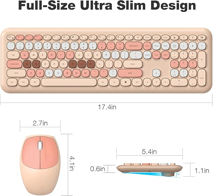 MOFII Wireless Keyboard Mouse Combo, Colorful Compact Full Size Wireless Keyboard and Mouse Set 2.4G Ultra-Thin Sleek Design for Windows, Computer, Desktop, PC, Notebook- Milk Tea Colorful