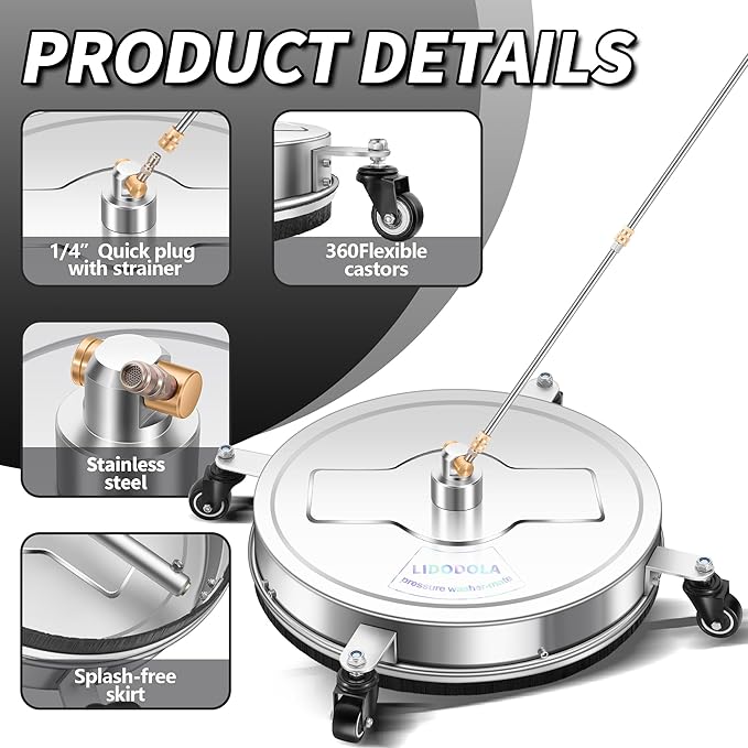 20'' Pressure Washer Surface Cleaner with 4 Wheels - Stainless Steel Surface Cleaner for Pressure Washer Attachment for Concrete, Driveway, Patio, Sidewalk, Deck and Driveways