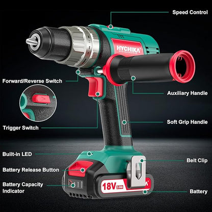 Cordless Hammer Drill Driver 18V, HYCHIKA 400 In-lbs Torque Power Drill with Auxiliary Handle, 1/2” Metal Chuck, 2.0Ah Battery, 1H Fast Charger, 21+3 Clutch, LED Light for Drilling Wood Metal Wall