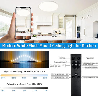 LED Flush Mount Ceiling Light Fixture 15 Inch, 36W 3600lm Dimmable Kitchen Light Fixture Ceiling Mount with Remote, Adjustable 3000K-6500K Round Ceiling Lamp for Bedroom, Living Room,White