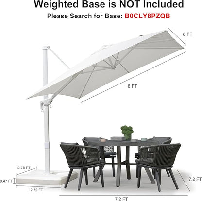 PURPLE LEAF 8 FT Patio Umbrella White Cantilever Umbrella Aluminum Square Outdoor Offset Umbrella Hanging Windproof with 360° Rotation for Garden Deck Pool, White