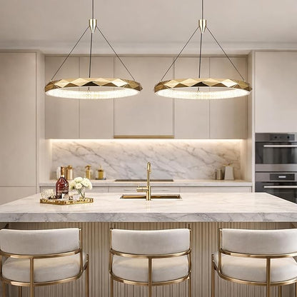 HEYAN Modern Gold Ring Chandelier, 16-Inch Faceted Geometric LED Pendant Light, Dimmable 3-Color Changeable Island Lighting, 25W Luxury Acrylic Crystal-Effect Ceiling Fixture for Dining Room & Kitchen