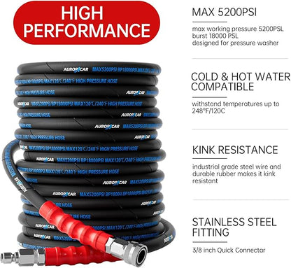 3/8'' Pressure Washer Hose 100FT, Kink Resistant High Tensile Wire Braided Power Washer Hose for Hot and Cold Water with 2 Pcs M22-14mm 3/8" Quick Connect Kit, 5200PSI Commercial Industrial Grade