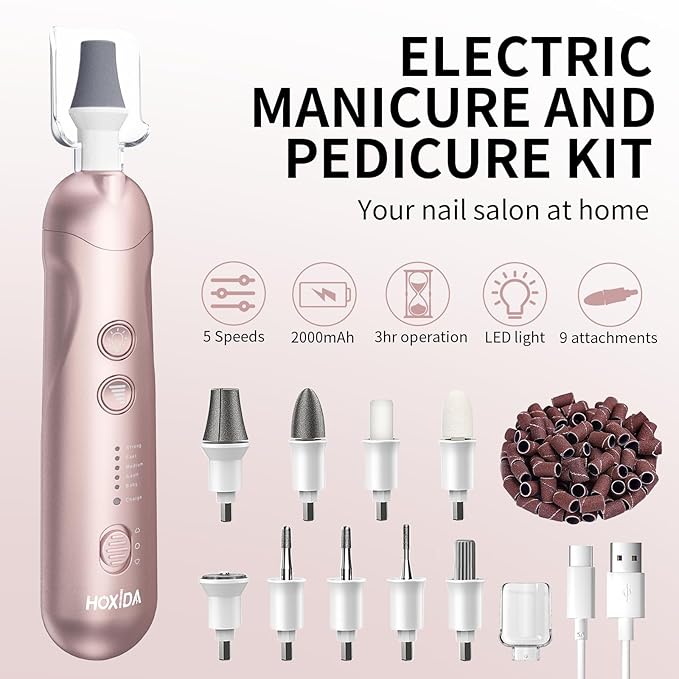 Cordless Electric Nail File Set, Rechargeable Pedicure Tools for feet, Professional Manicure Pedicure Kit 5 Speeds Hand Foot Care Nail Drill for Thick Nail Toenail Cuticle Women Men Pets