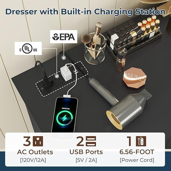 DICTAC Black Dresser for Bedroom with 10 Drawers, Large Chest of Drawers Storage Organizer, Long Dresser TV Stand with Power Outlets, Wide Dressers for Bedroom, Living Room 55.1" W x 32.3" H x 15.8" D