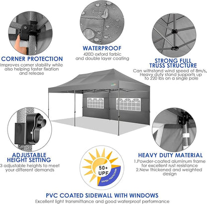 COBIZI 10x20 Canopy with Sidewalls, Heavy Duty Party Tent Pop up carpas para Fiestas, Tents for Parties, Wedding, Outdoor Ez up Foldable Portable Canopy Tent with Wheeled Bag, Grey(Windproof Upgrade)