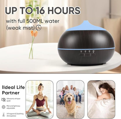 HAPPTWS 500ML Essential Oil Diffuser - BPA Free Ultrasonic Aromatherapy Diffuser, with 7-Color Lights Waterless Auto Shut Off for Home、Room、pet Room - Black
