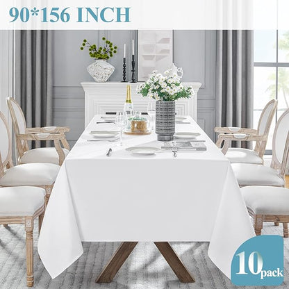 VidaFete Table Cloth 10 Pack 90 * 156inch Rectangle Tablecloth Polyester, Stain Wrinkle Resistant Polyester Dining Table Cover for Kitchen Dinning Party Wedding Rectangular Tabletop Decoration(White)