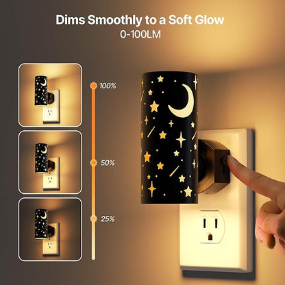 LED Night Lights Plug into Wall, 2-Pack 3000K Bright Plug in Nightlight, Dusk-to-Dawn Sensor, Dimmable 0-100LM, Auto-On/Off, Home Decor for Kids Room, Bathroom, Hallway, Bedroom, Black Stars