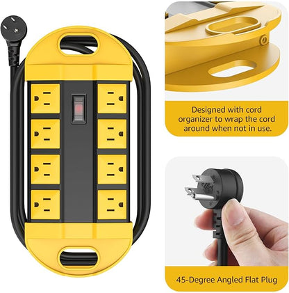 CCCEI Outdoor Power Strip Weatherproof with 8 Plug, Waterproof Extension Cord with Multiple Outlets, Christmas Exterior Garden Yard Surge Protector 25FT, Yellow.