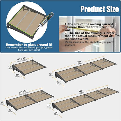 Door Awning Window Canopy, Modular Spliced Awnings for Outside,Porch,Patio,Deck,Polycarbonate Sheet,UV, Rain, and Snow Protection (Brown Board & Black Bracket, 35 * 48'')
