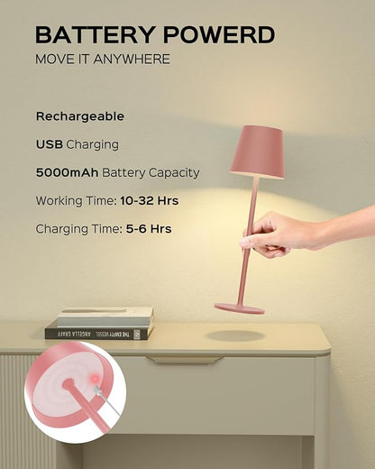 JACKYLED Cordless Table Lamps Rechargeable, 3 Adjustable Height, 5000mAh Battery Operated, 3 Colors Smooth Dimming, Portable LED Waterproof Table Lamp for Dining, Bedroom, Outdoor (2 Pack-Girly Pink)