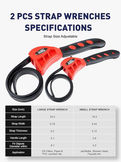 SMART JERRY - Rubber Strap Wrenches | Oil Filter Strap Wrench | Plumbers Wrench for Shower Head Removal | Rubber Belt Wrenches for PVC Pipe | Anti-Scratch & Size Adjustable | 2 Pack