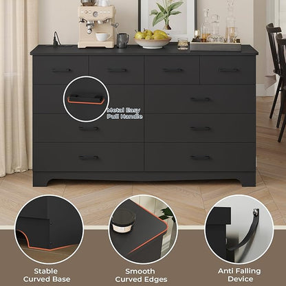 DICTAC Black Dresser for Bedroom with 10 Drawers, Large Chest of Drawers Storage Organizer, Long Dresser TV Stand with Power Outlets, Wide Dressers for Bedroom, Living Room 55.1" W x 32.3" H x 15.8" D