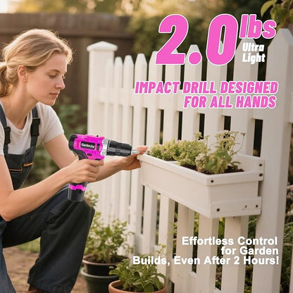 12V Pink Drill Driver Set, Women's Lightweight, 2 Batteries + Fast Charger, 2-Speed, 3/8" Keyless Chuck, 25 Torque Settings, LED for Metal/Wood DIY