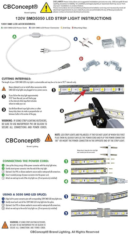 CBconcept UL Listed, 6.6 Feet, 720 Lumen, 6000K Pure White, Dimmable, 110-120V AC Flexible Flat LED Strip Rope Light, 120 Units 3528 SMD LEDs, Indoor Outdoor Use, Accessories Included, Ready to use